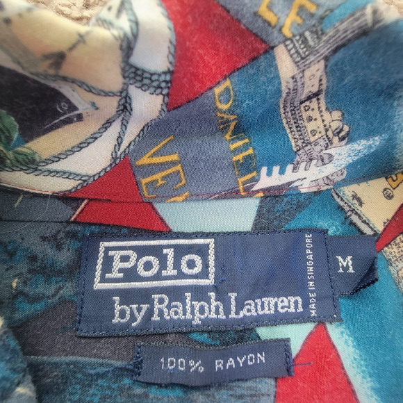 Vintage Polo Ralph Lauren Shirt M Mens Postcard Hotel Venice Rare Print Rayon - Picture 7 of 7